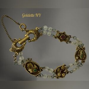 Goldette NY Victorian Revival Gold Tone Metal & Multi Faux Stone Bracelet Vtg